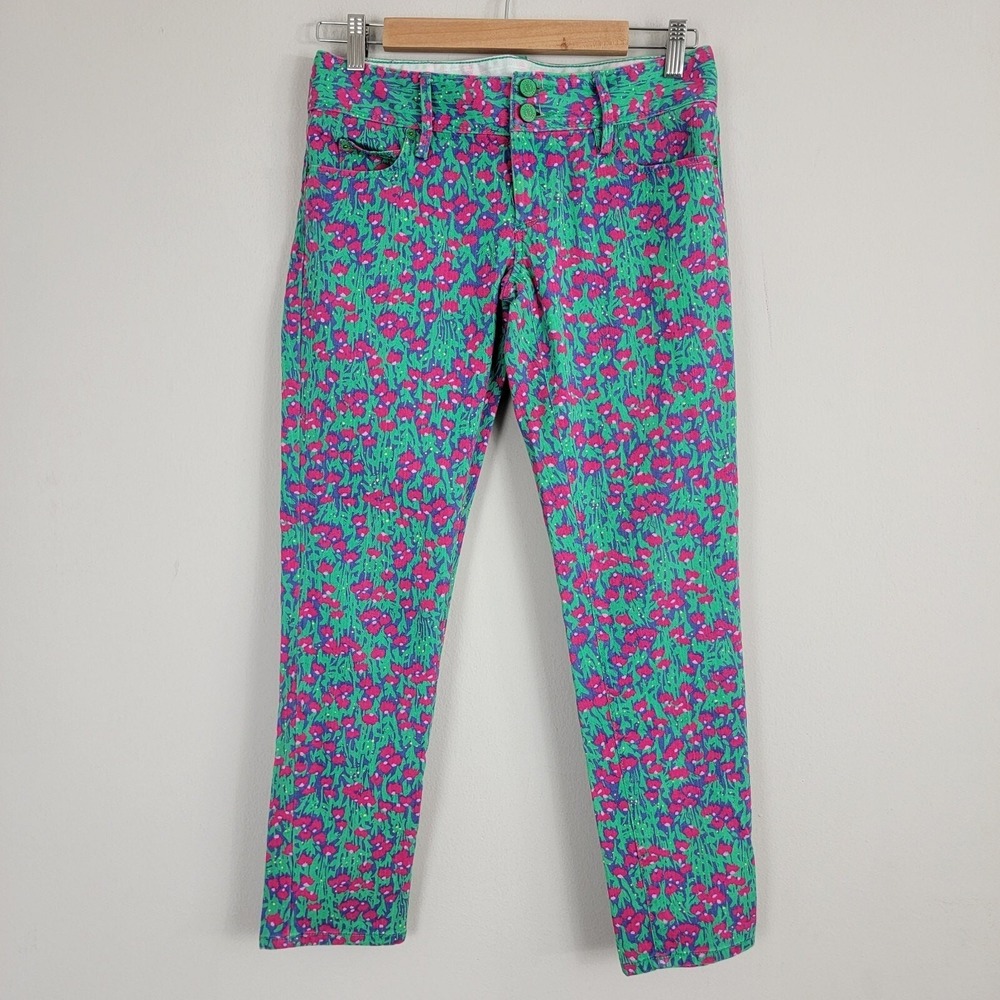 Lilly Pulitzer Worth Skinny Mini Jeans Women 2 Green Pink Floral Low Rise Pocket